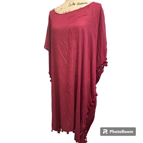 Seafolly Tasseled Boysenberry Pink Cotton Kaftan Beach Vacation Coverup - Picture 4 of 6